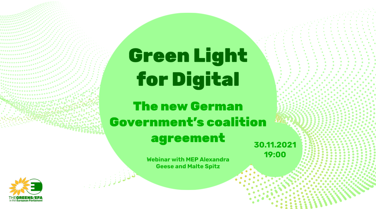 Invitation for the Event, title and speakers on a green circle
